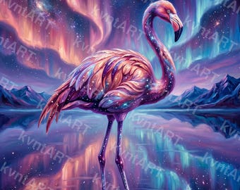 Celestial Flamingo Wall Art, Aurora Cosmic Lake Print (Digital Download)