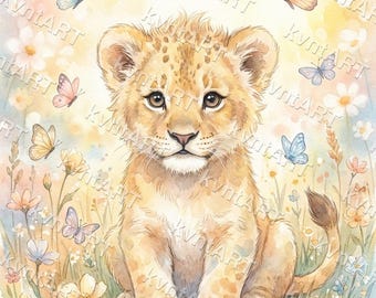 Baby Lion Cub Print, Pastel Watercolor Safari Nursery Art (Digital Download)