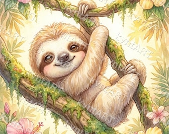 Baby Sloth Nursery Print, Pastel Watercolor Woodland Art (PNG Download)