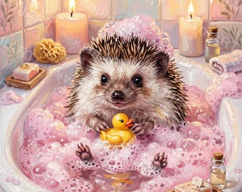 Hedgehog Bubble Bath Oil Painting, Whimsical Animal Bathroom Art (Digital Download)