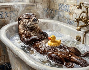 Otter Bubble Bath Wall Art, Whimsical Oil Painting Style Print (Digital Download)