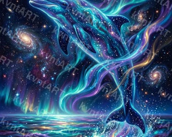 Celestial Dolphin Wall Art, Cosmic Ocean Aurora Print (Digital Download)