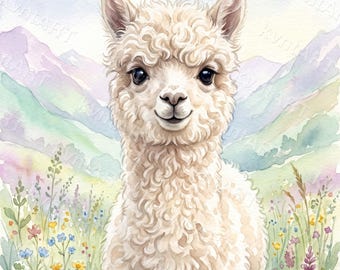 Baby Alpaca Watercolour Nursery Print, Pastel Animal Wall Art (Digital Download)
