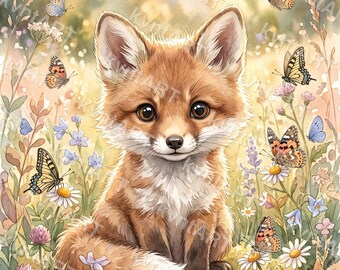 Baby Fox Nursery Print, Wildflower Meadow Watercolor Art (Digital Download)