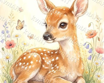 Baby Deer Nursery Print, Pastel Fawn Woodland Art, Gender Neutral Poster (Digital Download)