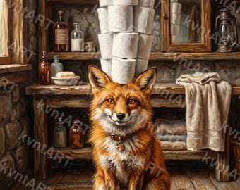 Fox Toilet Paper Tower Print, Oil Painting Style Bathroom Art (Digital Download)