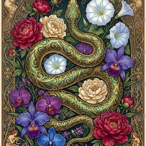 Könnte beinhalten: Eine verzierte Illustration mit einer grünen und goldenen Schlange, die sich mit leuchtenden Blumen verwebt. Das Kunstwerk umfasst rote, weiße, lila und blaue Blüten, vor einem dunkelblauen Hintergrund. Dekorative Elemente umrahmen das zentrale Bild.