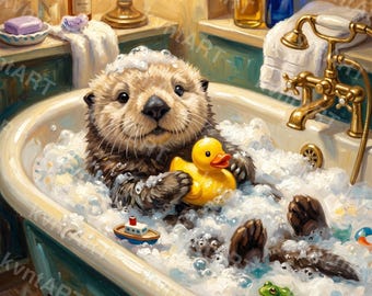 Funny Otter Bubble Bath Print, Whimsical Animal Oil Painting, Bathroom Decor (Digital Download)