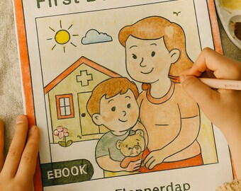 May include: A children's ebook titled "Johathan's First Doctor Visit" with illustrations of a child and an adult in front of a house. The cover includes the text "EBOOK" and "by Flapperdap". The words "EDITABLE / FILLABLE" are at the bottom.
