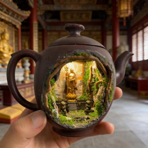 Könnte beinhalten: Eine braune Teekanne mit einem ausgeschnittenen Bereich, der ein Miniatur-Diorama einer goldenen Statue in einem Tempel zeigt. Das Diorama umfasst Miniaturbäume, Moos und eine kleine Treppe. Die Teekanne wird in einer Hand gehalten.