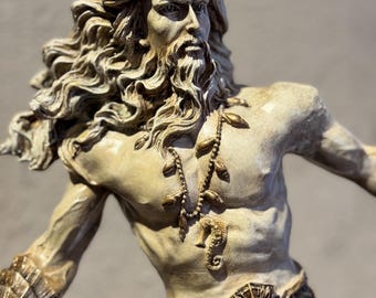 Handgefertigte Poseidon Statue: Bronze Effekt Griechischer Meeresgott mit Dreizack 45 cm Größer