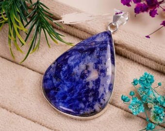 Handmade Blue Pear Sodalite Gemstone Pendant Healing Jewelry Solid 925 Sterling Silver