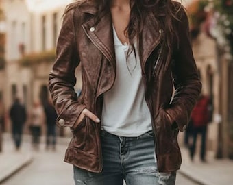 Handmade Vintage Style Brown Leather Jacket, Women's Moto Biker Coat, Genuine Leather Outerwear