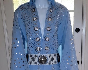 Elvis Presley Inspired Powder Blue Jumpsuit with Belt & Cape – Iconic Stage Performance Replica