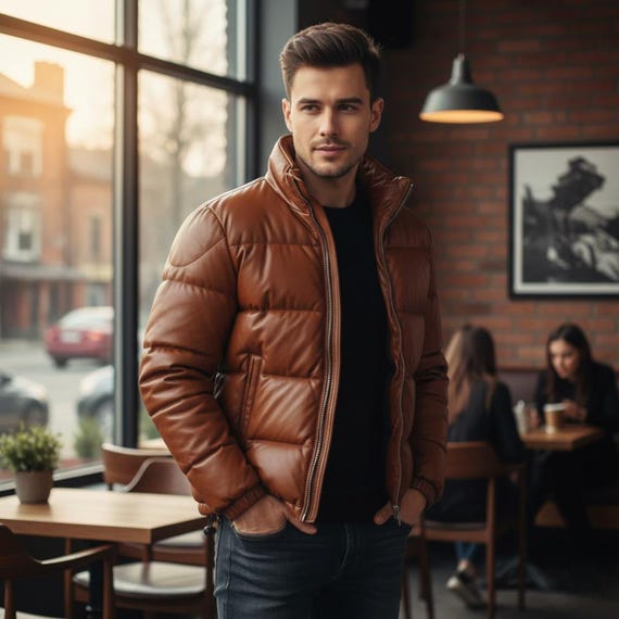 Handmade Men’s Puffer Leather Jacket | Winter Bomber Coat | Quilted Warm Outerwear | Stylish Streetwear.