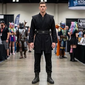 May include: A person in a black costume, resembling a Jedi or Sith from Star Wars, stands in a convention hall. The outfit includes a tunic, pants, belt, and boots. Other cosplayers are visible in the background.