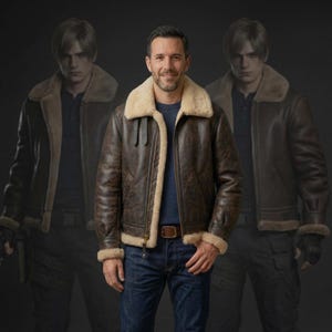 Resident Evil Inspired Leon S. Kennedy Shearling Leather Jackets Brown Biker Coats.