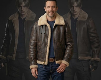 Resident Evil Inspired Leon S. Kennedy Shearling Leather Jackets Brown Biker Coats.