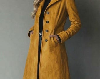 Handmade Mustard Suede Trench Coat – Vintage Style Women's Outerwear