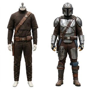 May include: Two Mandalorian costumes. One is a brown outfit with a utility belt and holster. The other is a full suit of armour with a helmet, chest plate, and brown trousers. Both are displayed on mannequins.