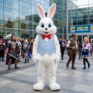 Può includere: Una persona in un costume da coniglio bianco con un gilet a quadri blu e bianco e un papillon rosso è in piedi di fronte a una folla. Lo sfondo include un edificio e persone in costume. Il cartello dice "COMIC-CON OUTDOOR PLAZA."
