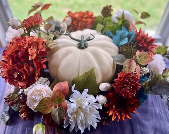 White Pumpkin Fall Centerpiece,  Autumn Coffee Table Decor