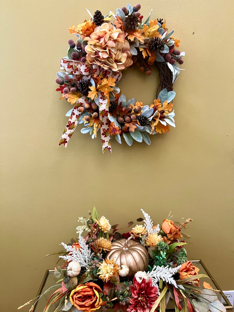 Festive Fall Farmhouse Floral Arrangement With Gold Pumpkin, Fall Table