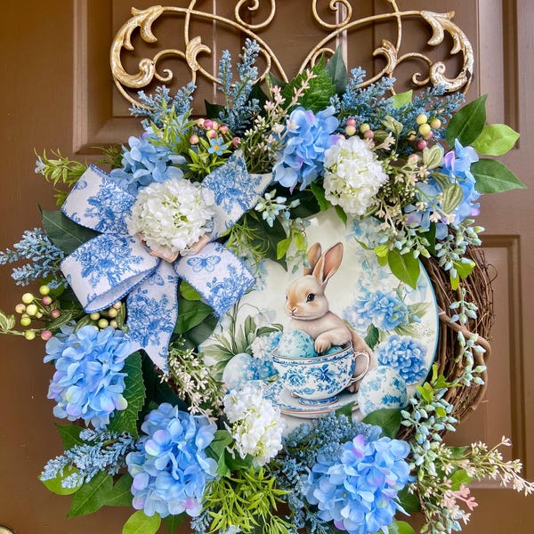 Easter Bunny Door Wreath: Blue Hydrangea & Teacup Spring Decor