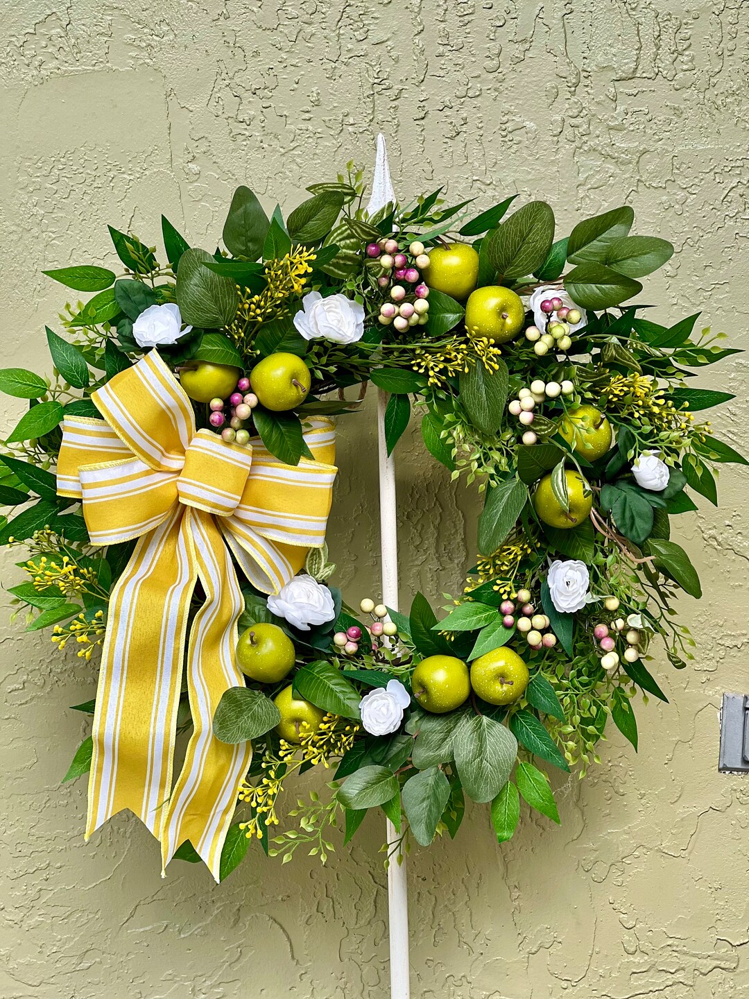 Spring Summer Door Wreath With Green Apples and White Roses, Fruit ...
