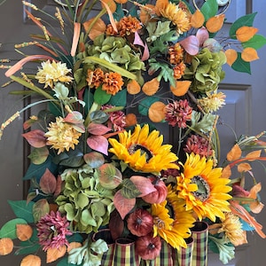 Fall Farmhouse Wreath with Sunflowers and Pumpkins, Elegant High End Decor, Front Door Decor, Housewarming Gift, Autumn Decor