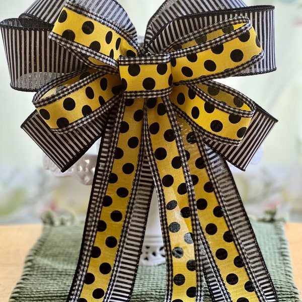 Whimsical Summer Wreath Bow - 11" x 15" with Black & White Stripes and Yellow Polka Dots, Spring Bow for Wreaths, Large Lantern Bow