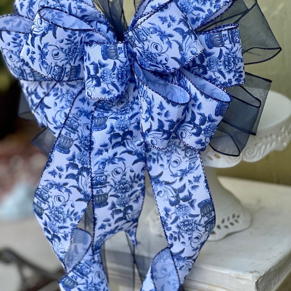 Large Chinoiserie Wreath Bow -Versatile and Timeless Home Accent, Elegant Mantel Bow, Blue and White Wreath Bow for Spring, Seasonal Bow