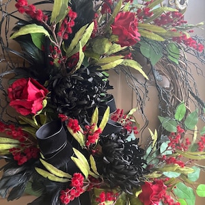 Gothic Halloween Wreath: Black Roses, Bats & Velvet Bow - 26&quot;