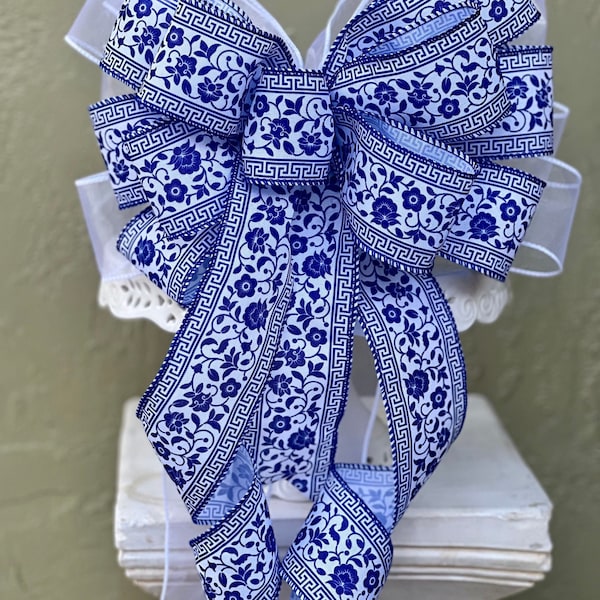 Large Chinoiserie Wreath Bow -Versatile and Timeless Home Accent, Elegant Mantel Bow, Blue and White Wreath Bow for Spring, Seasonal Bow