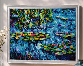 Perlenstickerei Seerosen, Bedeckende Perlenarbeit auf Satin Leinwand, Von Monet inspiriertes Handarbeitsgeschenk