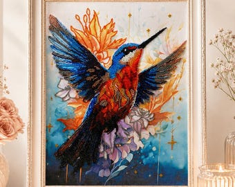 Bead Embroidery Kit, Colorful Hummingbird Beadwork, Bird Needlework Craft Set, Gift for Crafters