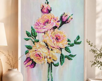 Bead Embroidery Kit, Pink Rose Embroidery Kit, Floral Needlework Kit, Botanical Wall Decor, DIY Craft for Adults