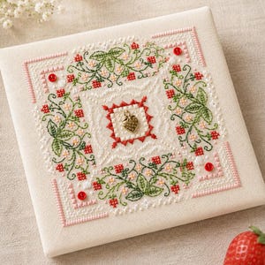 May include: A square cream-colored fabric piece featuring intricate cross-stitch embroidery of green vines, leaves, and small red strawberries. The design includes a central red-bordered square with a gold strawberry charm and four red buttons.