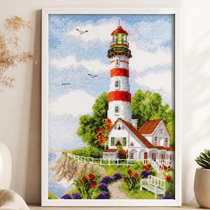 Kit de punto de cruz Faro junto al mar Cabaña costera Bordado DIY Regalo para adultos Decoración de bordado para casa de playa