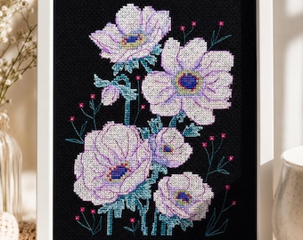 Counted Cross Stitch Kit Floral Embroidery on Black Fabric, Modern Flower Needlework Kit, Botanical DIY Craft Gift for Adults