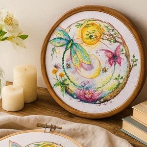 Könnte beinhalten: Zwei Kreuzstich-Stickrahmen mit einem Naturmotiv mit einer Libelle, Schmetterlingen und Blumen. Die Stickerei ist in einem Holzrahmen gefasst. Das Bild enthält auch eine Vase mit weißen Blumen, Kerzen und Stickgarn.