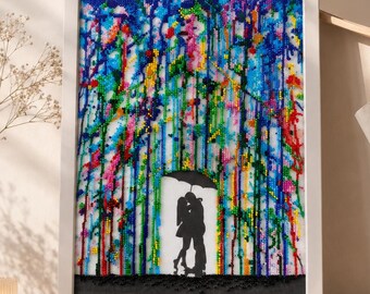 Bead Embroidery Kit , Romantic Couple Under Umbrella, Rainy Day Beadwork, Love Story Needlework Kit, Anniversary Gift
