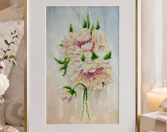 Bead Embroidery Kit, White Peony Flower Art, Floral Beadwork Kit, Botanical Needlework Gift for Her
