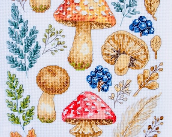 Mushroom Cross Stitch Kit, Woodland Forest Wall Art DIY, Cottagecore Decor