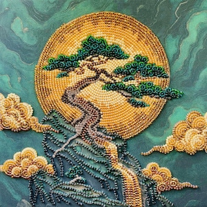 May include: A beaded artwork showing a bonsai tree on a mountain, with a golden sun and teal background. The tree has green leaves and a textured trunk. Gold and cream-coloured beads form the sun and clouds, creating a detailed, textured effect.
