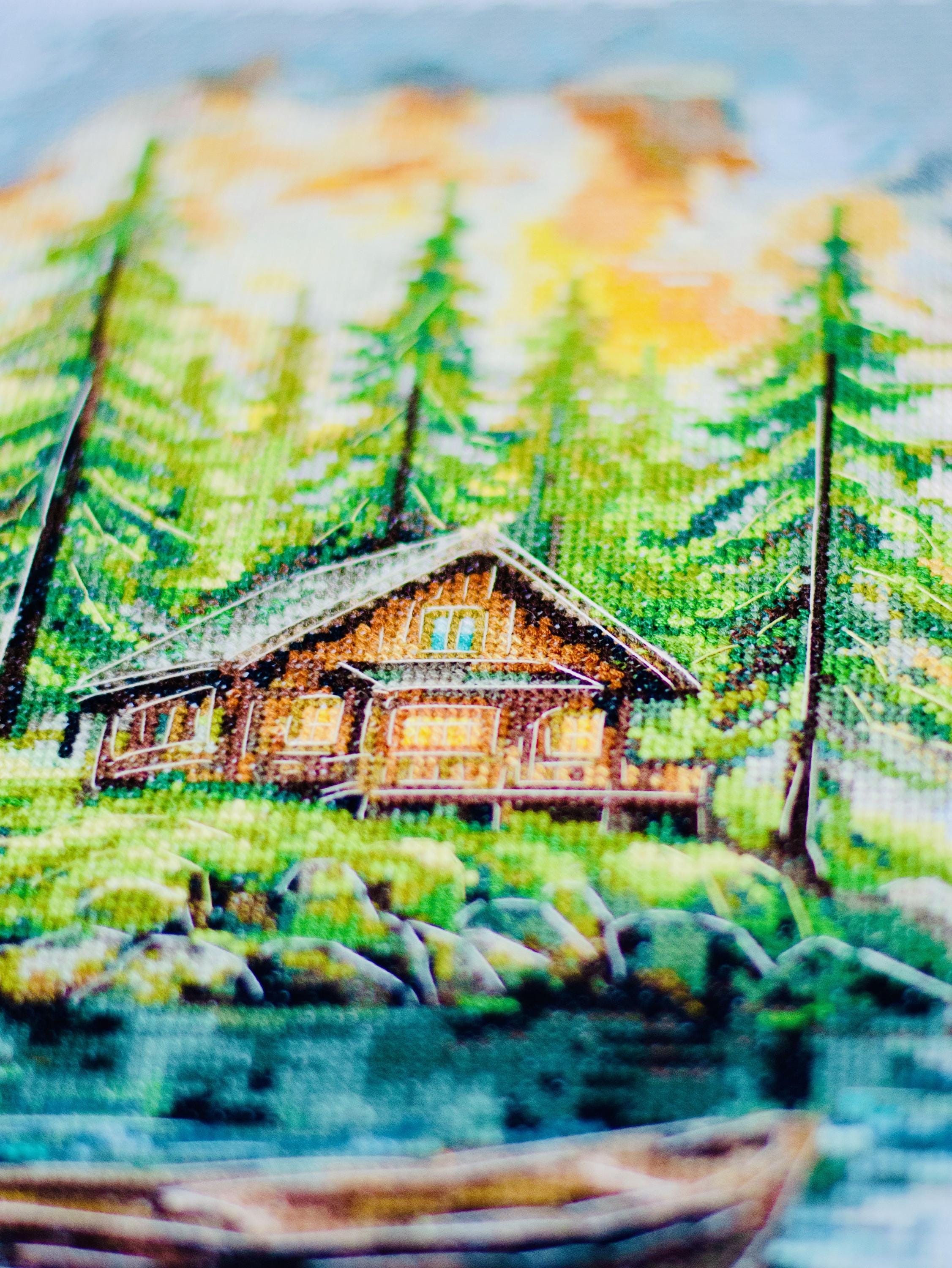 Forest Cabin Cross Stitch Kit, Rustic Lake House Landscape, DIY