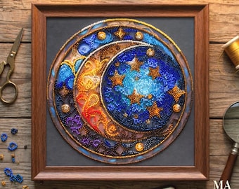 Bead Embroidery Kit Moon and Stars, DIY Beading Craft Celestial Wall Art