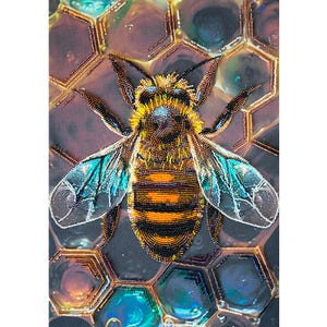 May include: Detailed artwork of a bee with a yellow head, orange and black striped abdomen, and blue-tinted wings. The bee is set against a backdrop of a honeycomb pattern with various shades of brown, gold, and blue.