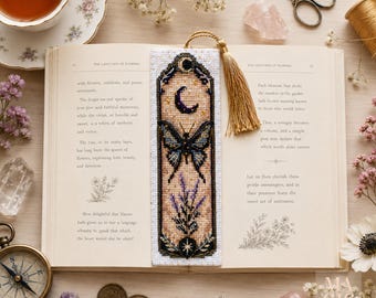 Cross Stitch Bookmark Kit, maan bladwijzer borduurwerk, Witchy Book Lover cadeau, Mystic Elixir Design, Fantasy Reading-accessoire