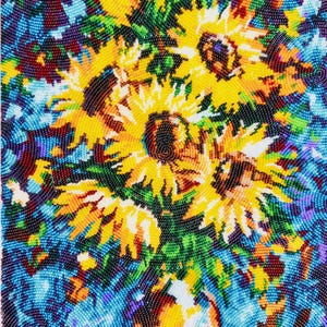 May include: A vibrant, colorful artwork depicting a bouquet of sunflowers in a vase. The image is composed of small, circular elements in shades of yellow, orange, green, blue, and purple, creating a textured, mosaic-like effect. The sunflowers are the focal point.